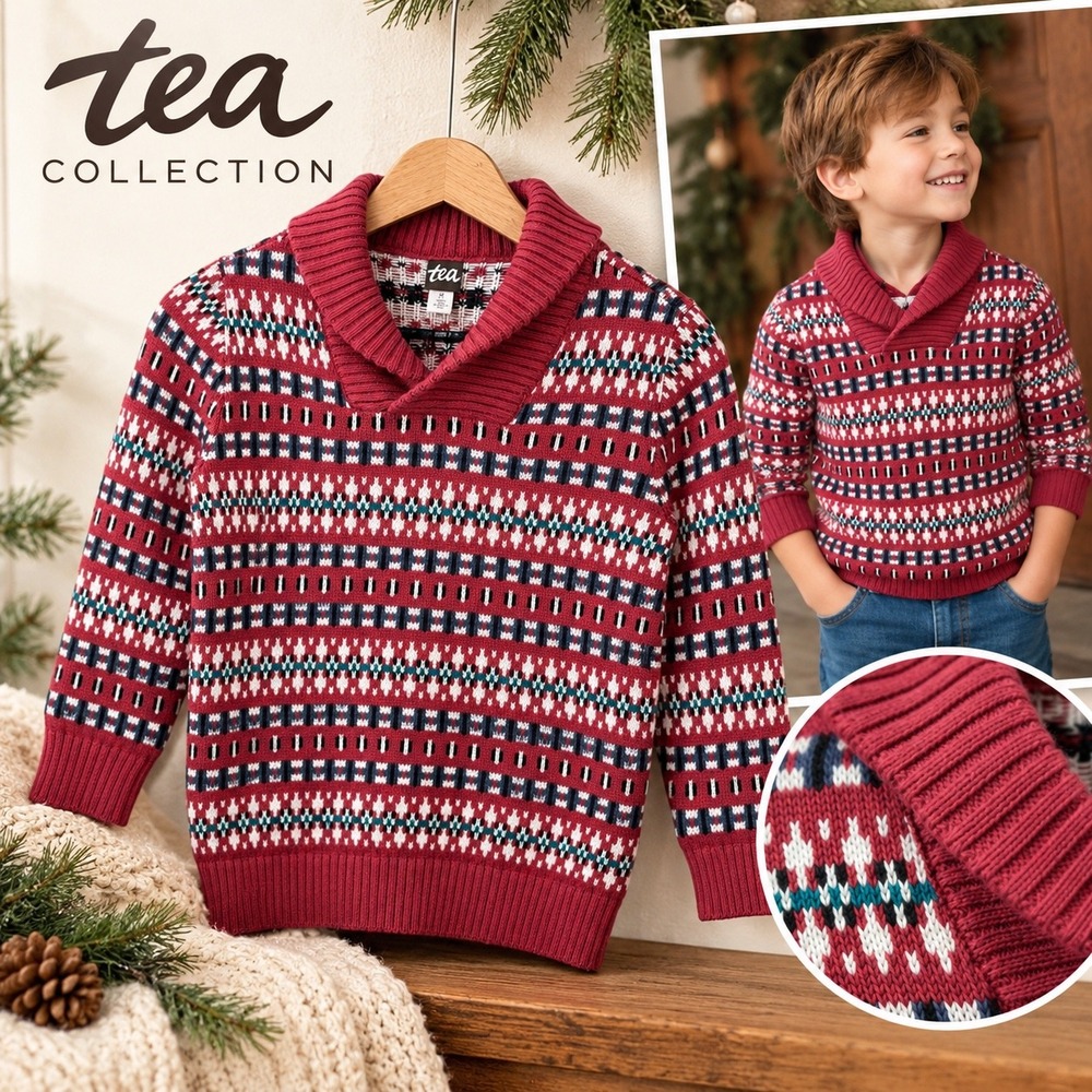 Tea Collection Boys Red Fair Isle Shawl Collar Cotton Knit Sweater Size 6-7 M